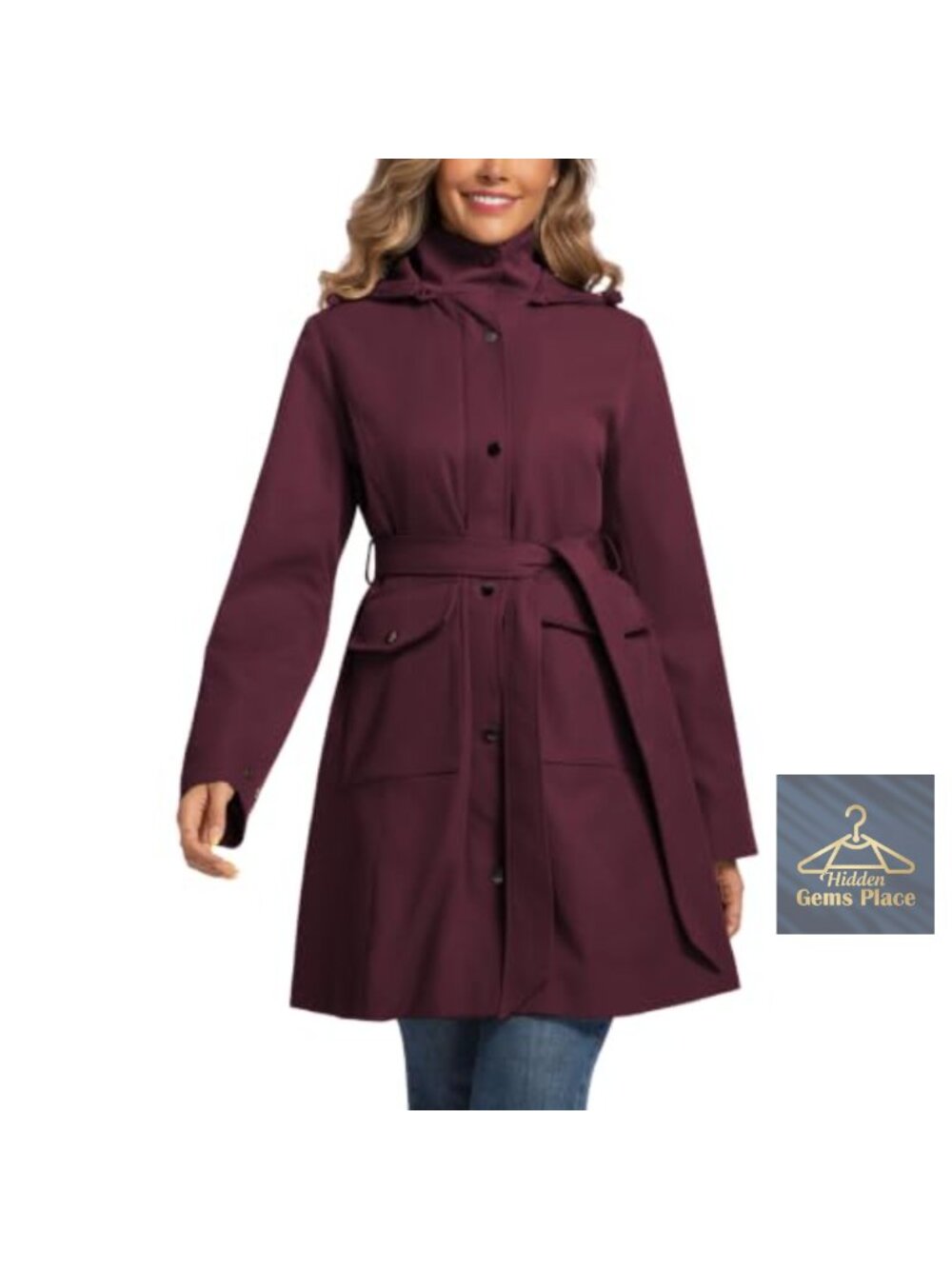 Women's Water Resistant Trench Coat with Detachable Hood, Windproof, Belted,